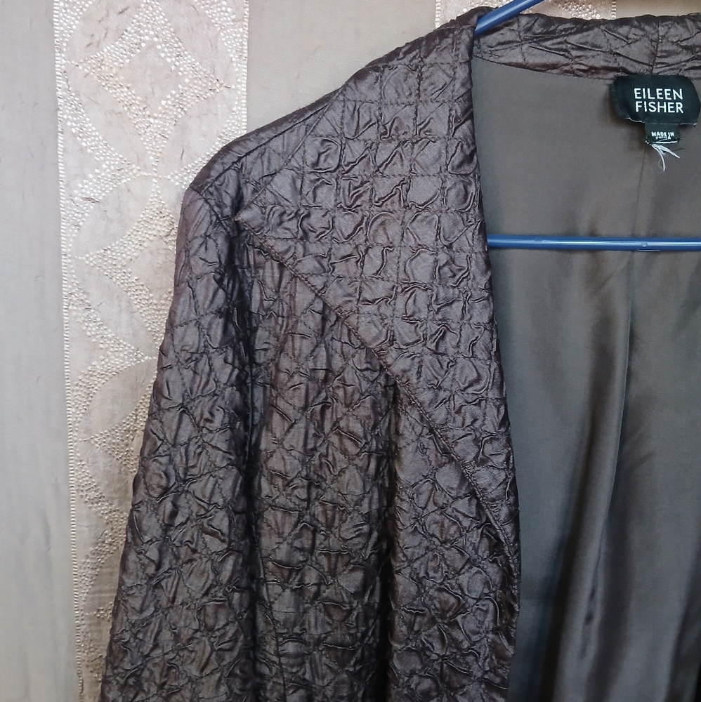 💎 Eileen Fisher 100% Silk Tussah Quilted Crinkle Jacket Brown Blazer - Picture 11 of 11